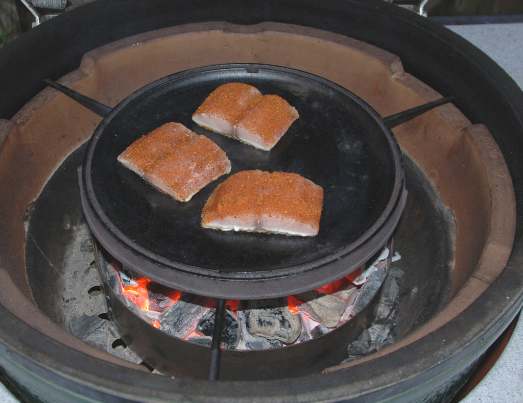 grilling salmon over solid sheet ring in xl big green egg