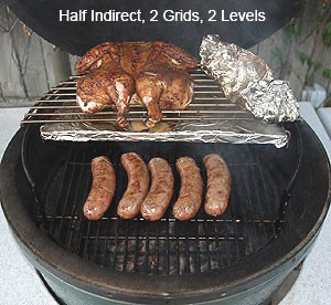 grilling chicken and brats using the half stone with two grids